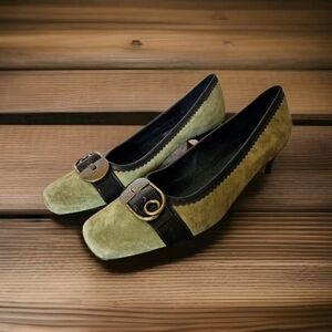 Van Eli Green Suede Pumps Size 9 Vintage Style Heels Gold Buckle Brown Trim